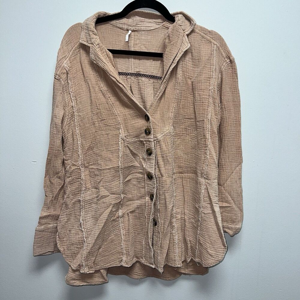 Free People All About The Feels Shirt Textured Cotton Peach Coral Button Down S